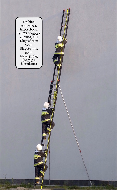 Ratownicza drabina dwuprzęsłowa, trzyosobowa ZS 2095/3 H z drążkami i hamulcami